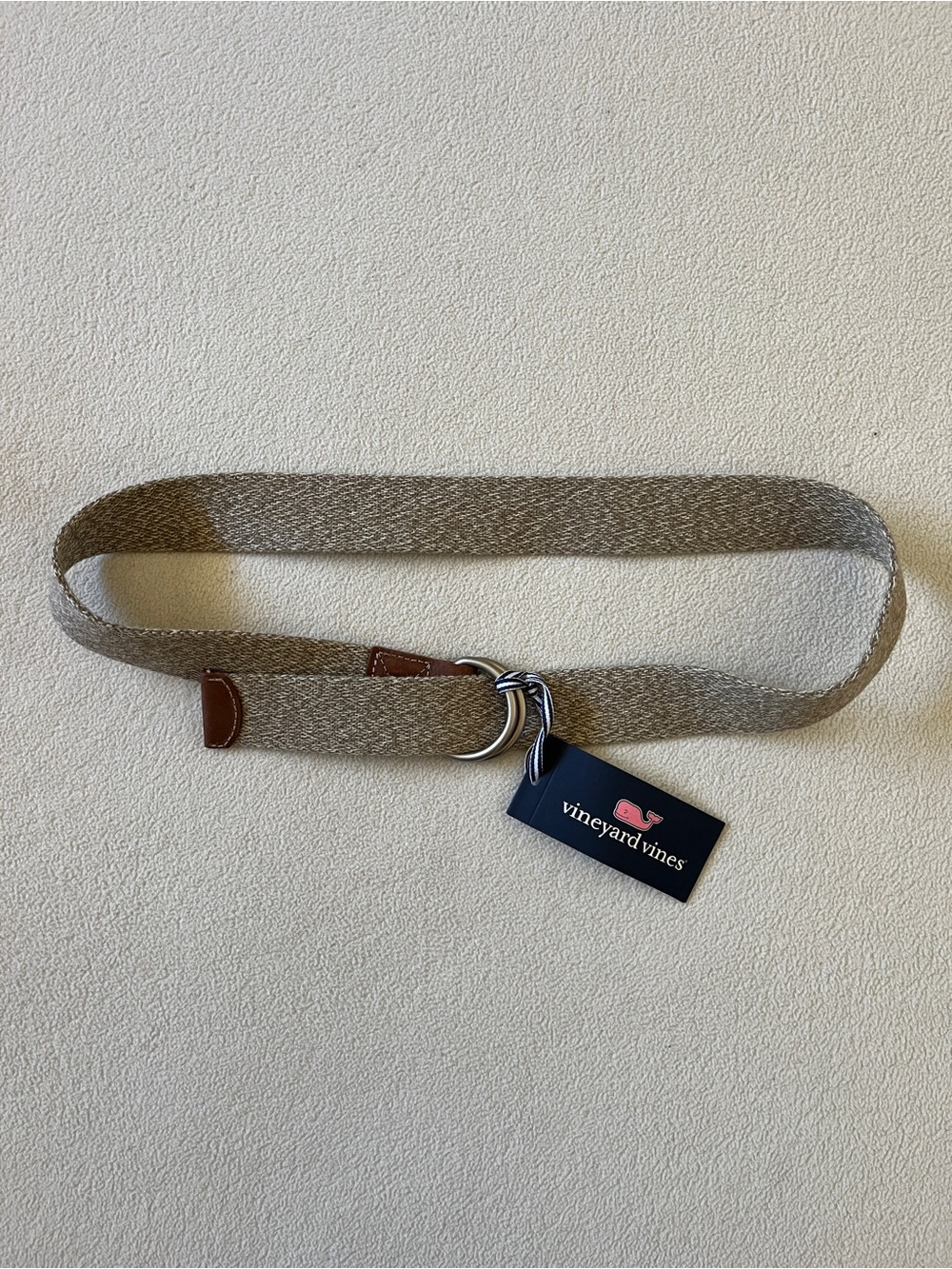 Vineyard Vines Tan Woven Knit and Leather D-Ring Belt Preppy School Golf Casual